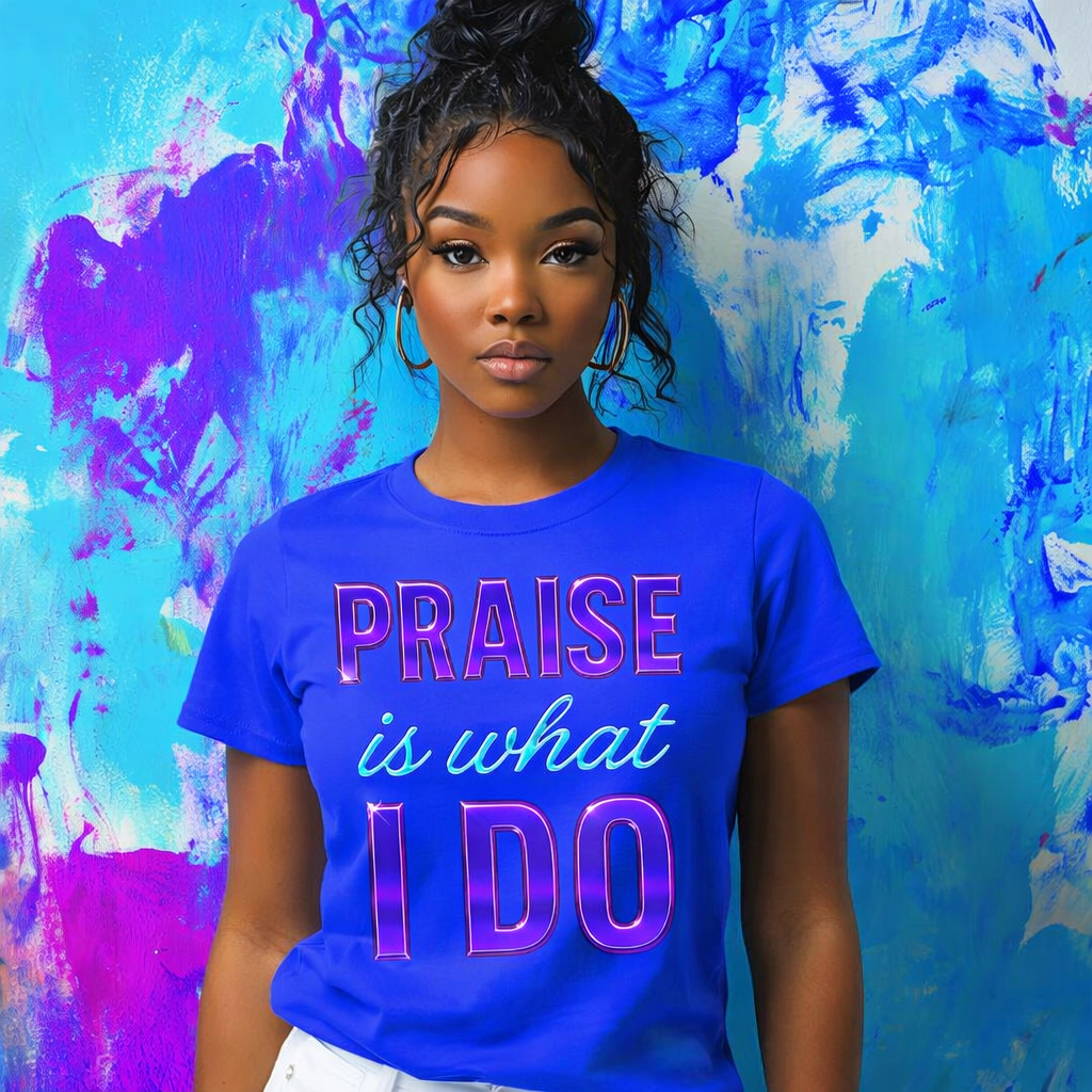 Praise Is What I Do T-Shirt | Women's Christian Graphic Tee | Metallic Purple Faith Apparel | Religious Top | Worship Shirt