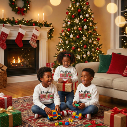 Kids Christmas Crew Sweatshirt | Retro Checkerboard Holiday Pullover | Boys & Girls Xmas Party Top | Funny Youth Festive Gift