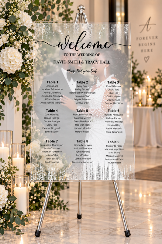Elegant Silver Photo Wedding Seating Chart | Acrylic or Foam Board
