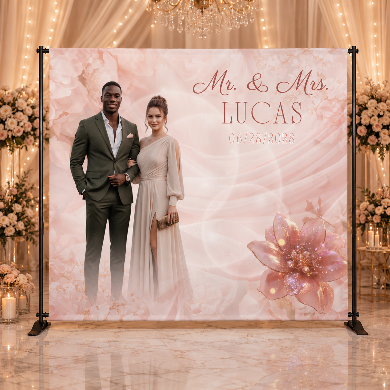 Custom Wedding Backdrop Banner 8x8 – Pre-Designed (Options 1-7)