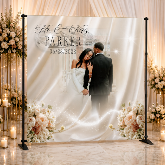 Custom Wedding Backdrop Banner 8x8 – Pre-Designed (Options 1-7)