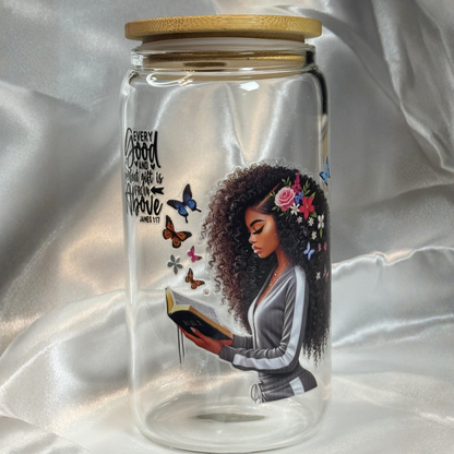 Praying Ladies Libby Drinking Glass | 16oz Glass Cup with Bamboo Lid & Straw | Christian Gift | Inspirational Drinkware