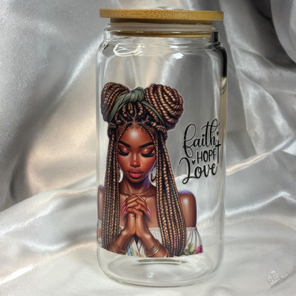 Praying Ladies Libby Drinking Glass | 16oz Glass Cup with Bamboo Lid & Straw | Christian Gift | Inspirational Drinkware