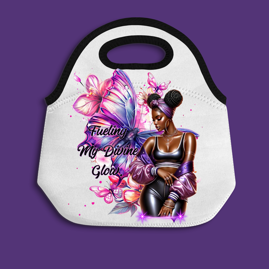 Fueling My Divine Glow Lunch Bag | Black Woman Butterfly Art Tote | Purple Neoprene Food Carrier | Spiritual Afrocentric Gift for Her