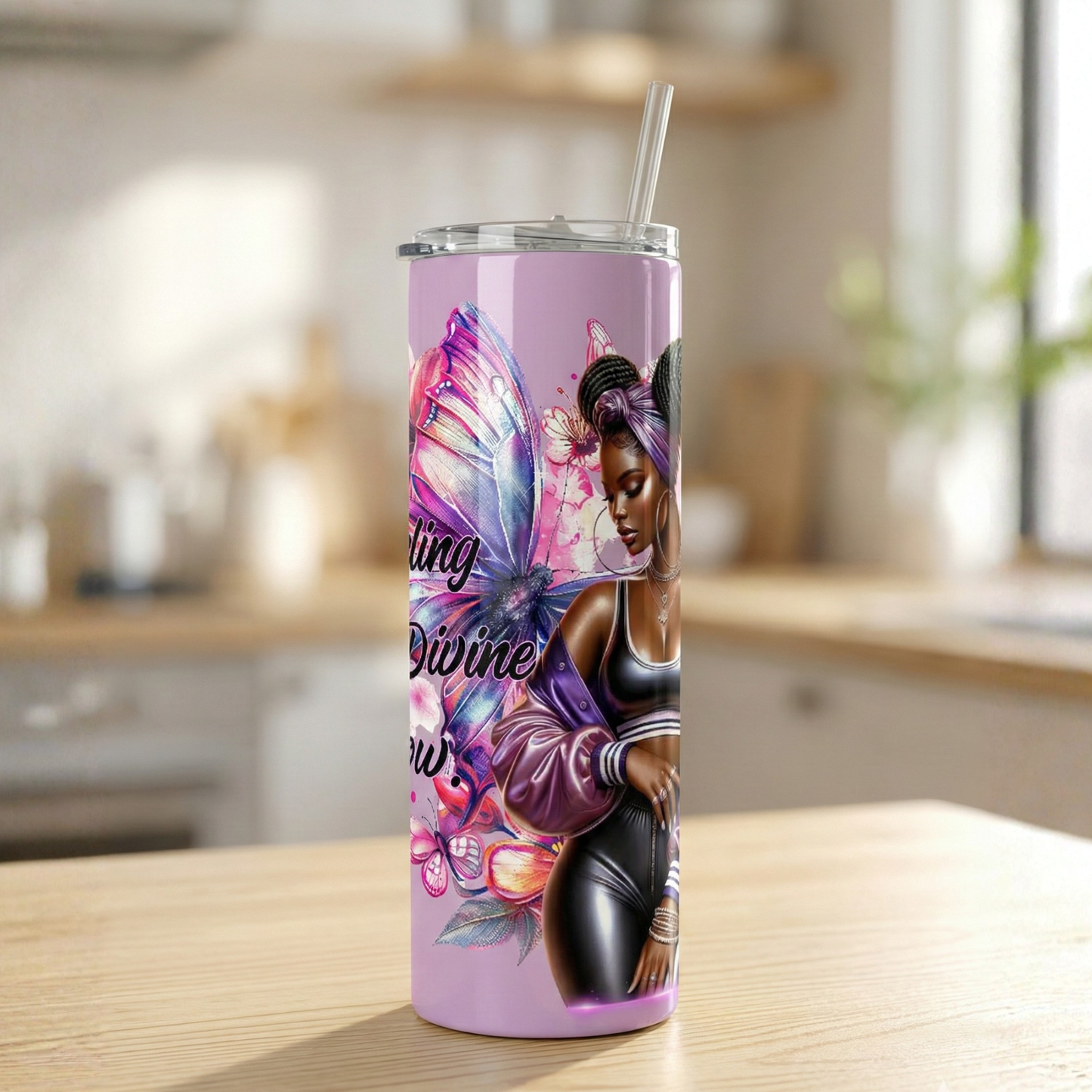 Fueling My Divine Glow Tumbler | Purple Butterfly Black Woman Art | Spiritual Affirmation Cup | Insulated Skinny Travel Mug | Gift for Her
