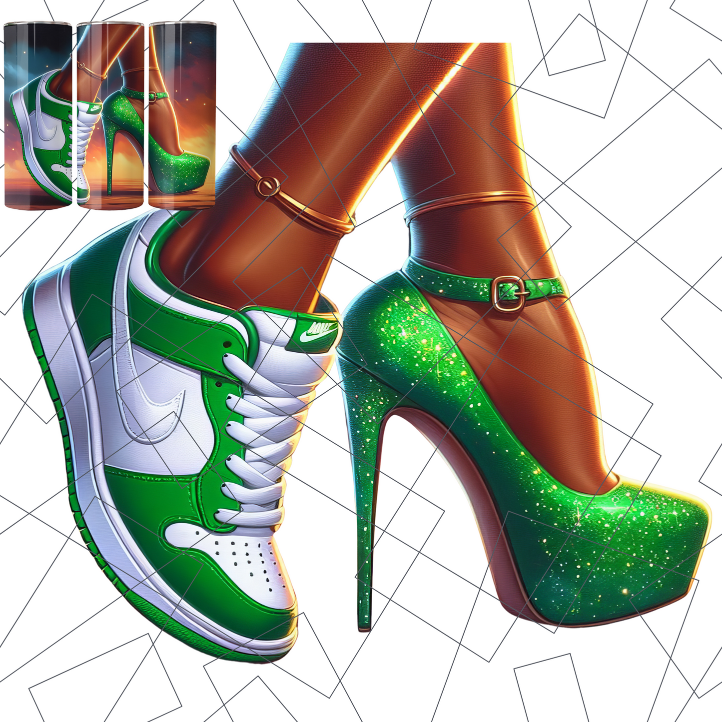 Sneaker & Stiletto PNG: Two Moods Fashion Art - Green (Digital Download)