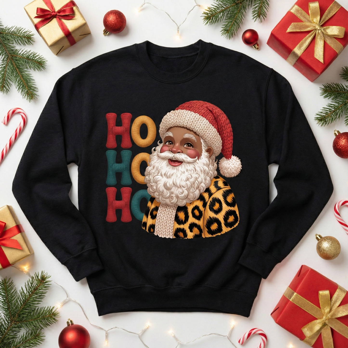 Black Santa Sweatshirt | Ho Ho Ho Holiday Crewneck | Leopard Print African American Santa Shirt | Cute Christmas Top | Festive Gift for Her