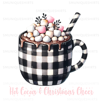 Hot Cocoa & Christmas Cheer PNG | Marshmallow Mug Sublimation | Buffalo Plaid Hot Chocolate | Winter Drink T-Shirt Design | Cozy Cup Art