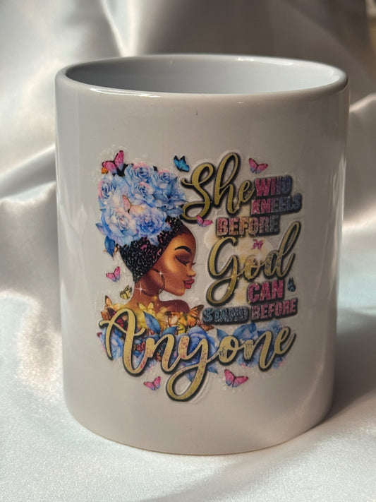 She Who Kneels Before God Mug | Inspirational Christian Gift | Afrocentric Prayer Mug | Powerful Faith Coffee Cup - w/floral scarf