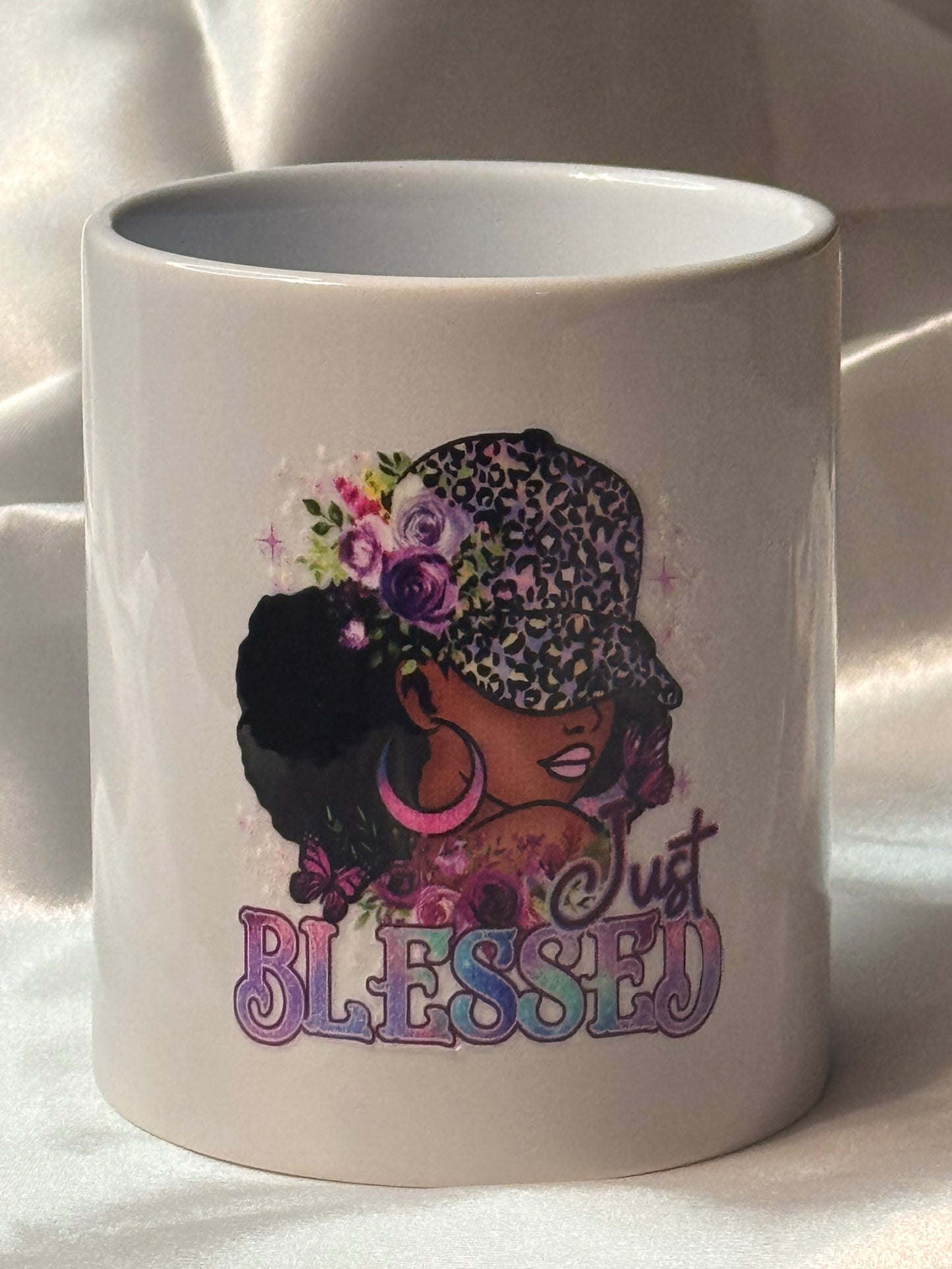 Just Blessed Coffee Mug | Afrocentric Inspirational Cup | Faith-Based Gift for Women | Positive Christian Mug - Purple and Pink