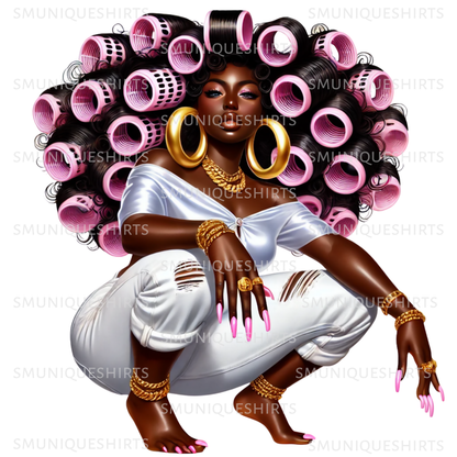 Afro Woman PNG: Melanin Queen in Curlers - Digital Image 1