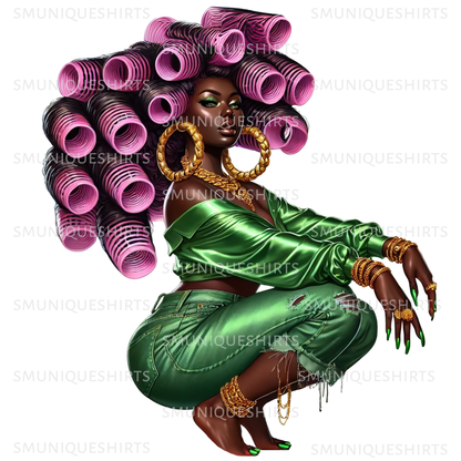 Afro Woman PNG: Melanin Queen in Curlers - Digital Image 2