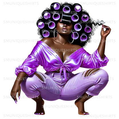 Afro Woman PNG: Melanin Queen in Curlers - Digital Image 4
