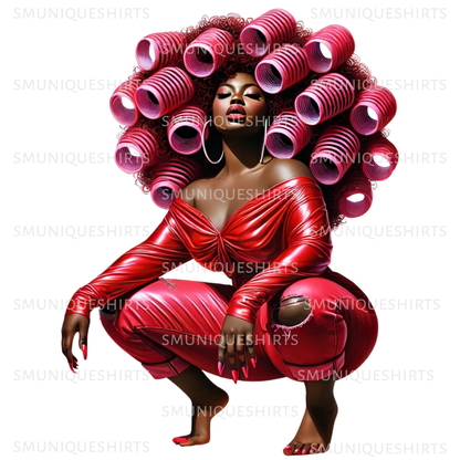 Afro Woman PNG: Melanin Queen in Curlers - Digital Image 5