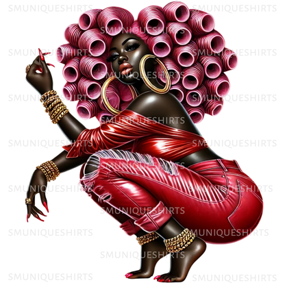 Afro Woman PNG: Melanin Queen in Curlers - Digital Image 6