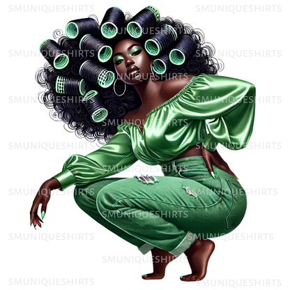 Afro Woman PNG: Melanin Queen in Curlers - Digital Image 7