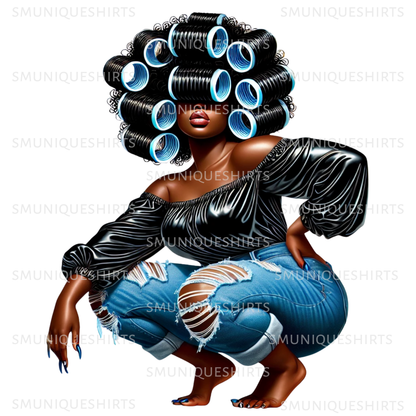 Afro Woman PNG: Melanin Queen in Curlers - Digital Image 8