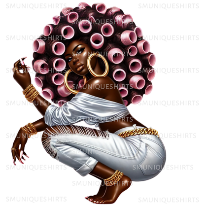 Afro Woman PNG: Melanin Queen in Curlers - Digital Image 9