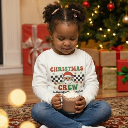 Kids Christmas Crew Sweatshirt | Retro Checkerboard Holiday Pullover | Boys & Girls Xmas Party Top | Funny Youth Festive Gift