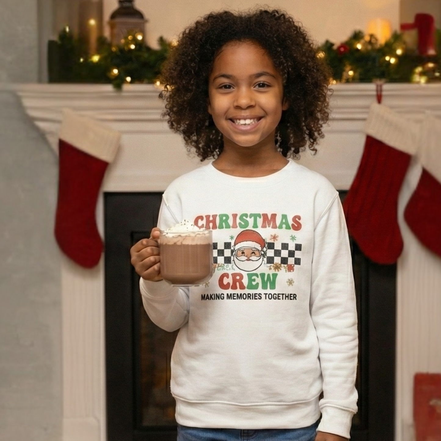 Kids Christmas Crew Sweatshirt | Retro Checkerboard Holiday Pullover | Boys & Girls Xmas Party Top | Funny Youth Festive Gift