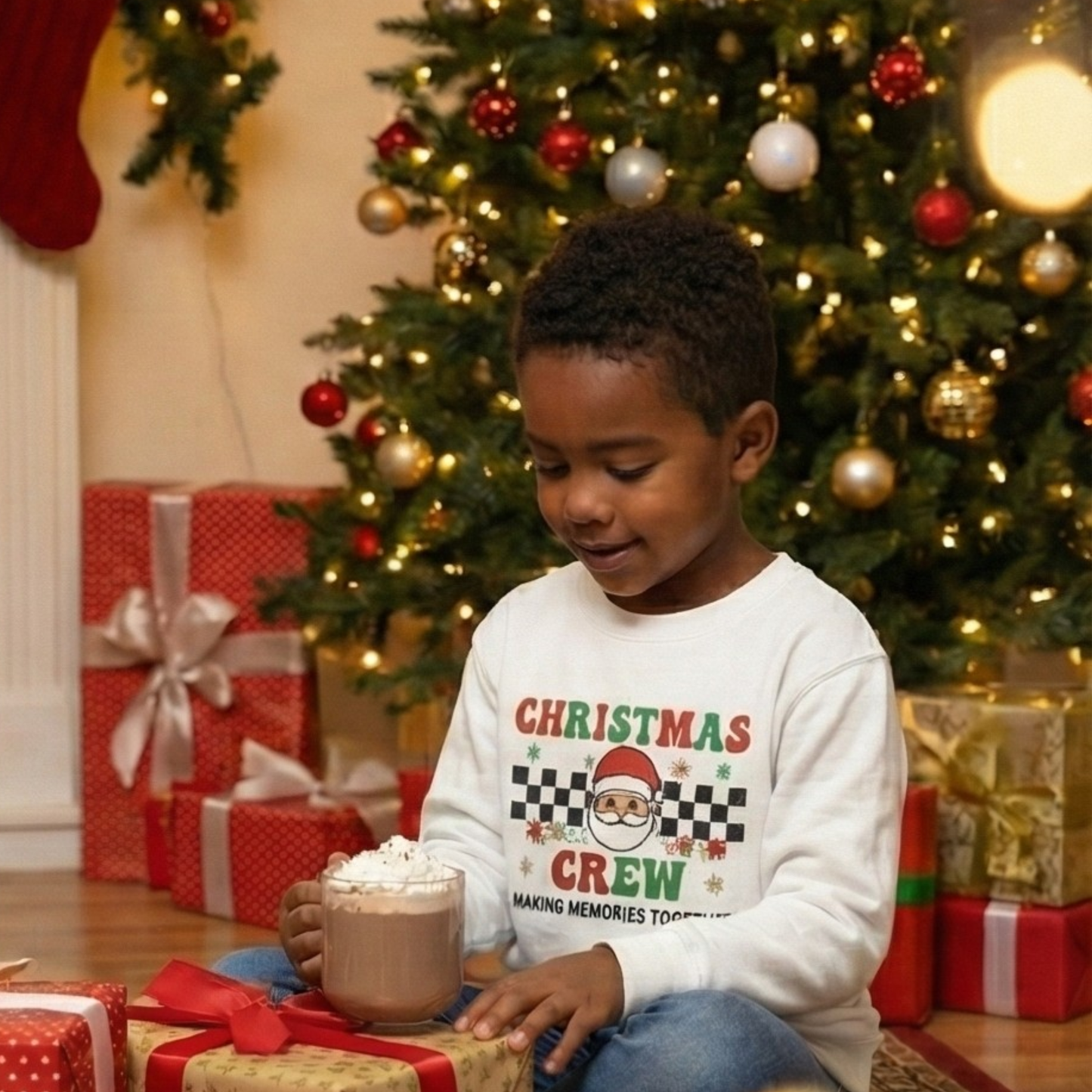 Kids Christmas Crew Sweatshirt | Retro Checkerboard Holiday Pullover | Boys & Girls Xmas Party Top | Funny Youth Festive Gift