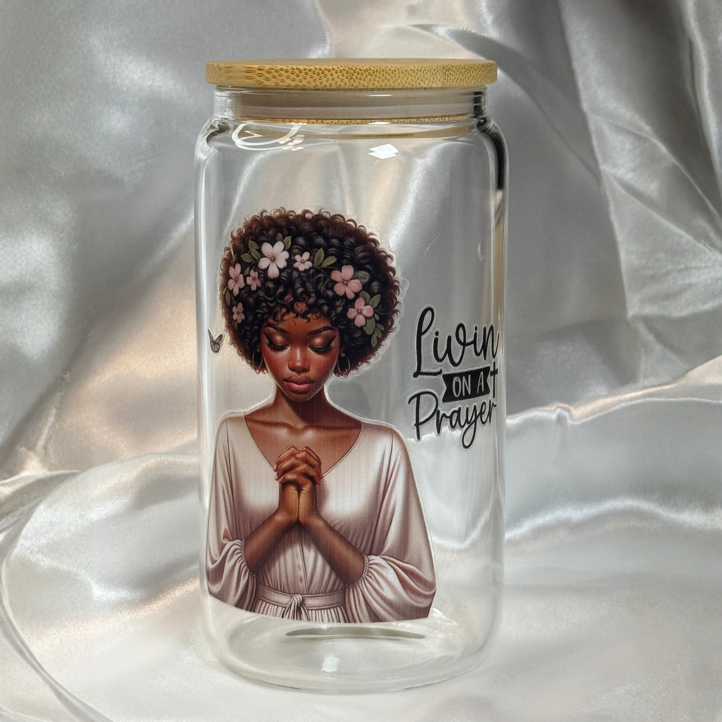 Praying Ladies Libby Drinking Glass | 16oz Glass Cup with Bamboo Lid & Straw | Christian Gift | Inspirational Drinkware