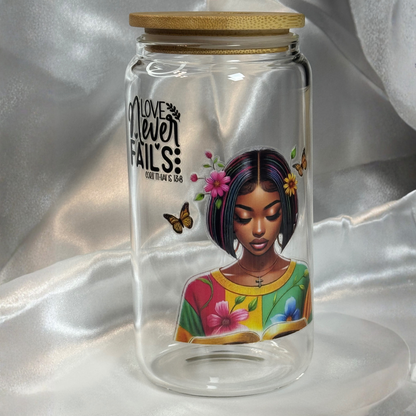 Praying Ladies Libby Drinking Glass | 16oz Glass Cup with Bamboo Lid & Straw | Christian Gift | Inspirational Drinkware