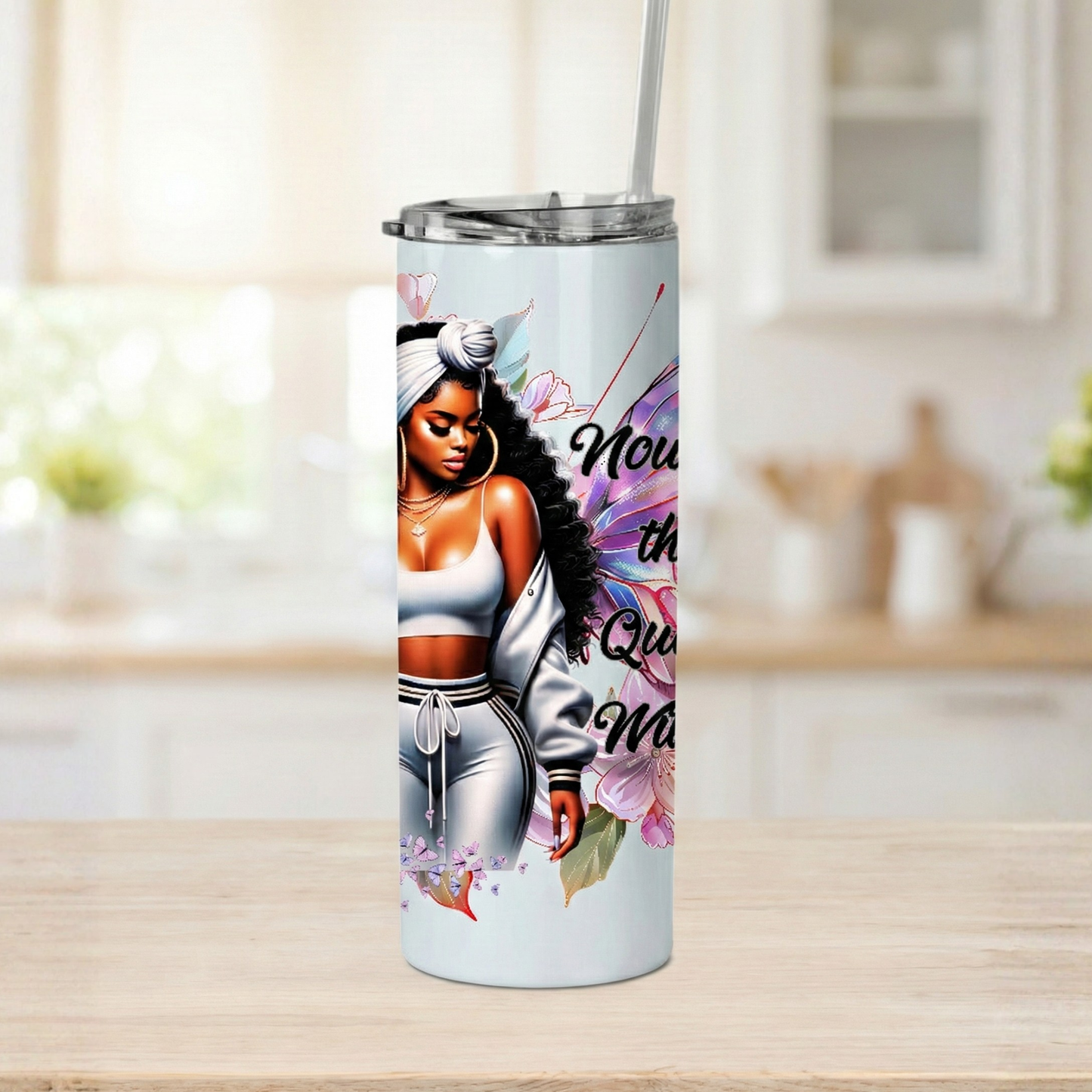 Nourish the Queen Within Tumbler | Black Woman Art Fitness Cup | Butterfly Wings Travel Mug | Insulated Stainless Steel Gift for Her