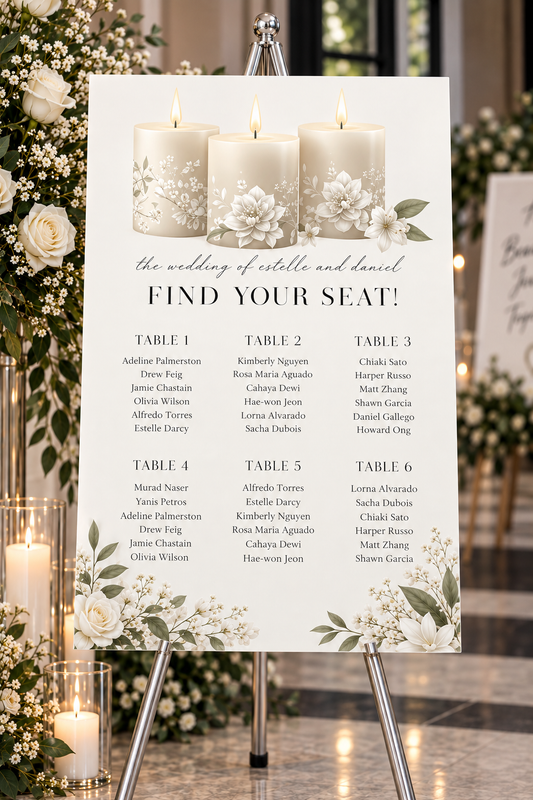 Romantic Candlelight Wedding Seating Chart | Acrylic or Foam Board