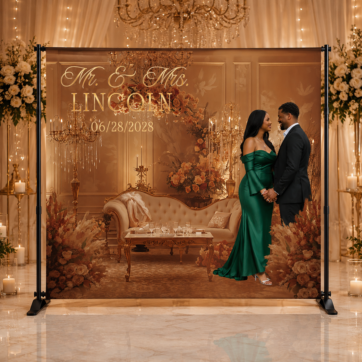 Custom Wedding Backdrop Banner 8x8 – Pre-Designed (Options 1-7)