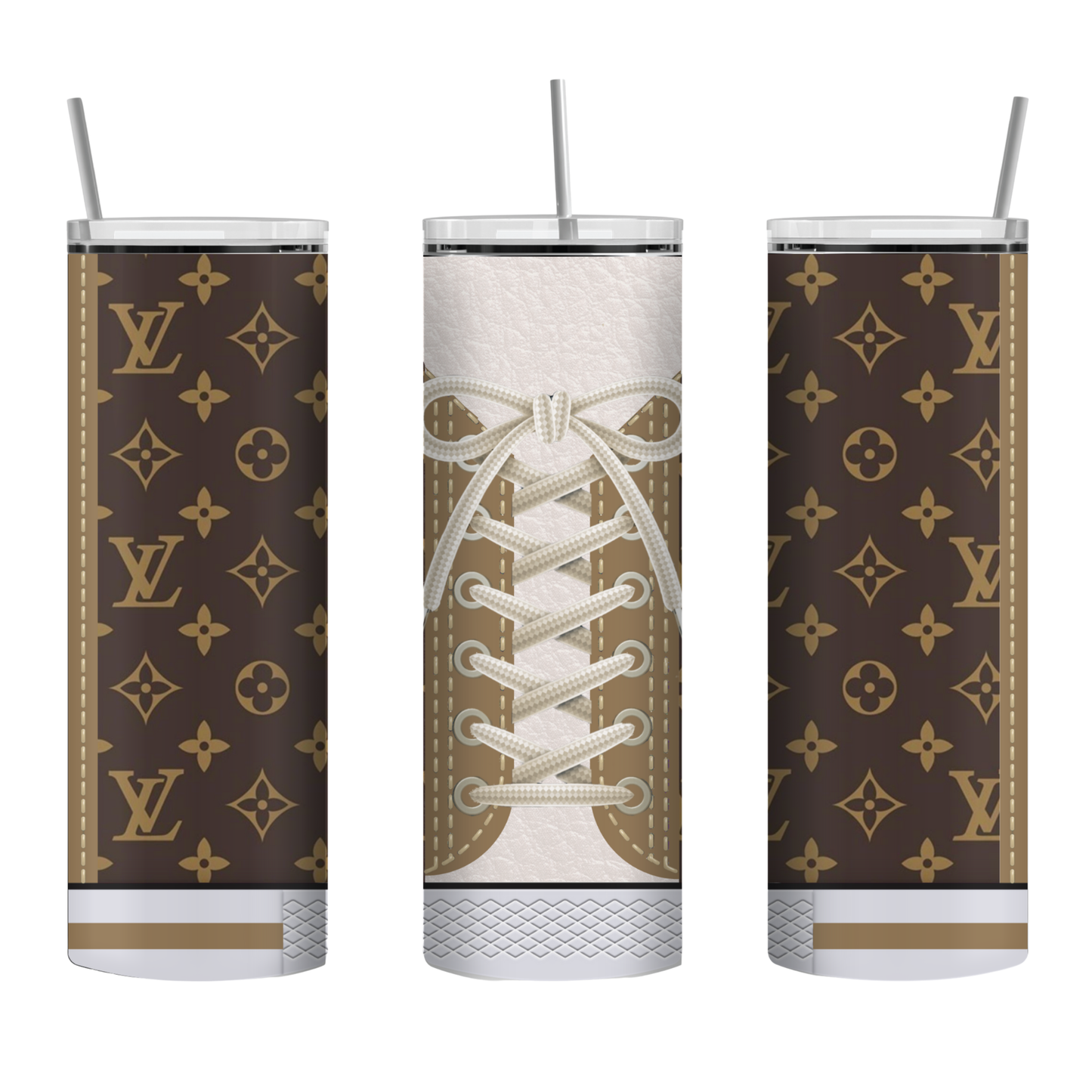 Stylish Purse-Inspired Brown, Gold and White Sneaker Tote, Coaster, Tumbler or Set – 129 and 130