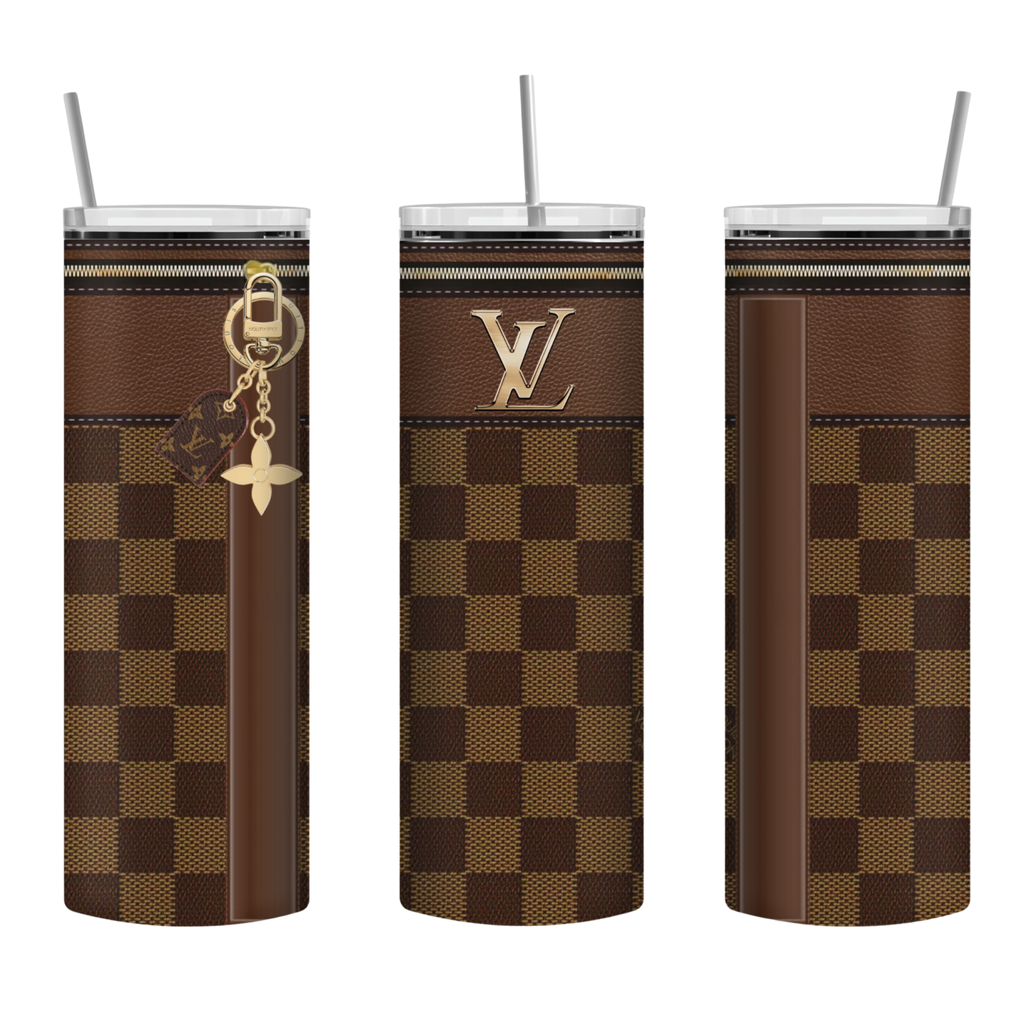 Stylish Purse-Inspired Brown and Gold Checker Tote, Coaster, Tumbler or Set – 110 and 111