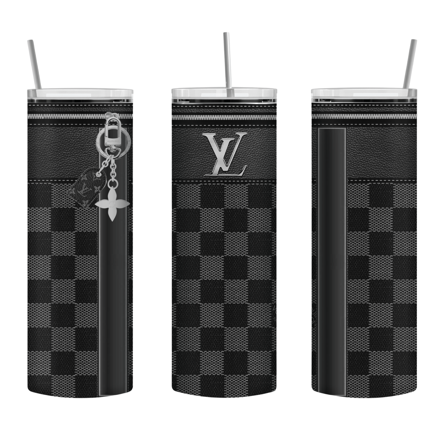 Stylish Purse-Inspired Black, Silver and Gray Checkered Tote, Coaster, Tumbler or Set – 124 and 125