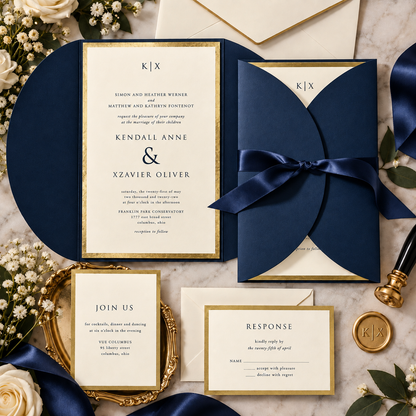 Decorative Treasure Wedding Invitation Suite | Black or Navy Wrap