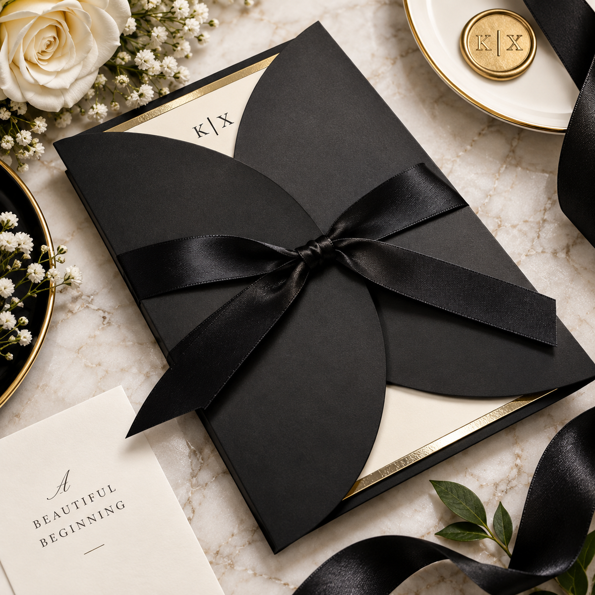 Decorative Treasure Wedding Invitation Suite | Black or Navy Wrap