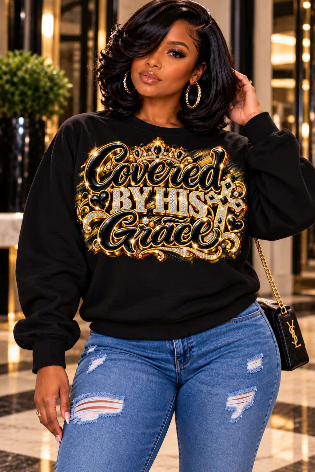 Covered by His Grace design in black and gold on a black sweatshirt, standing