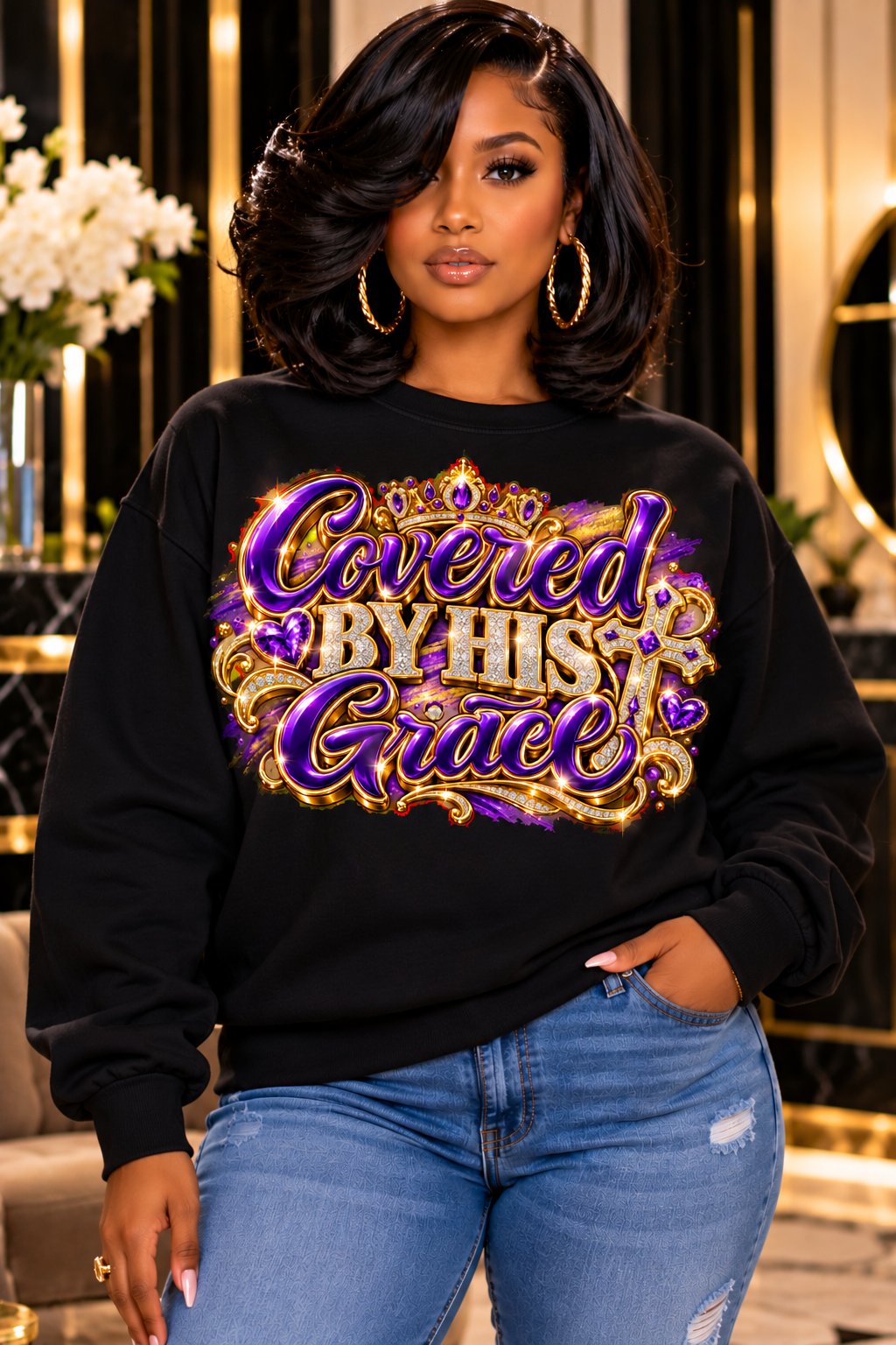 Covered by His Grace design in purple and gold on a black sweatshirt, standing
