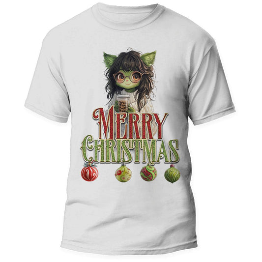 Christmas Green Character T-shirt with the words Merry Christmas and Ornaments