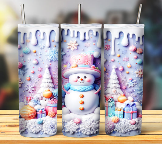 3D Pastel Snowman Christmas Tumbler | Cute Dripping Icing Holiday Cup | 20oz Skinny Tumbler with Straw | Winter Gift Idea for Her |