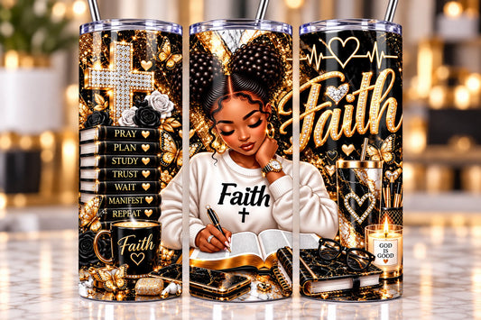 Faith Black & Gold 20 oz tumbler — full wrap view