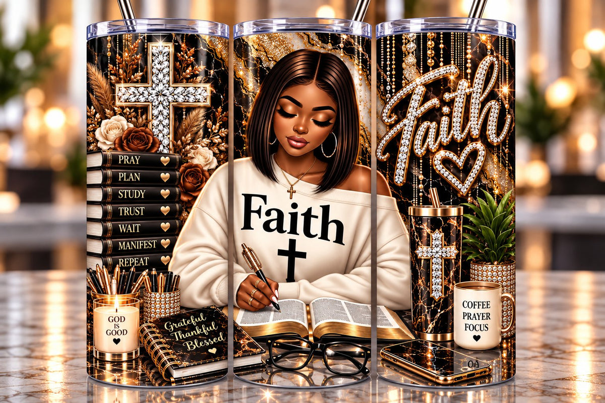 Faith Bronze & Black Marble 20 oz tumbler — full wrap view