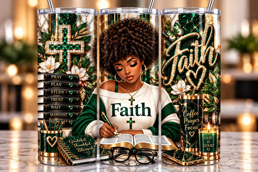 Faith Emerald & Gold 20 oz tumbler — full wrap view