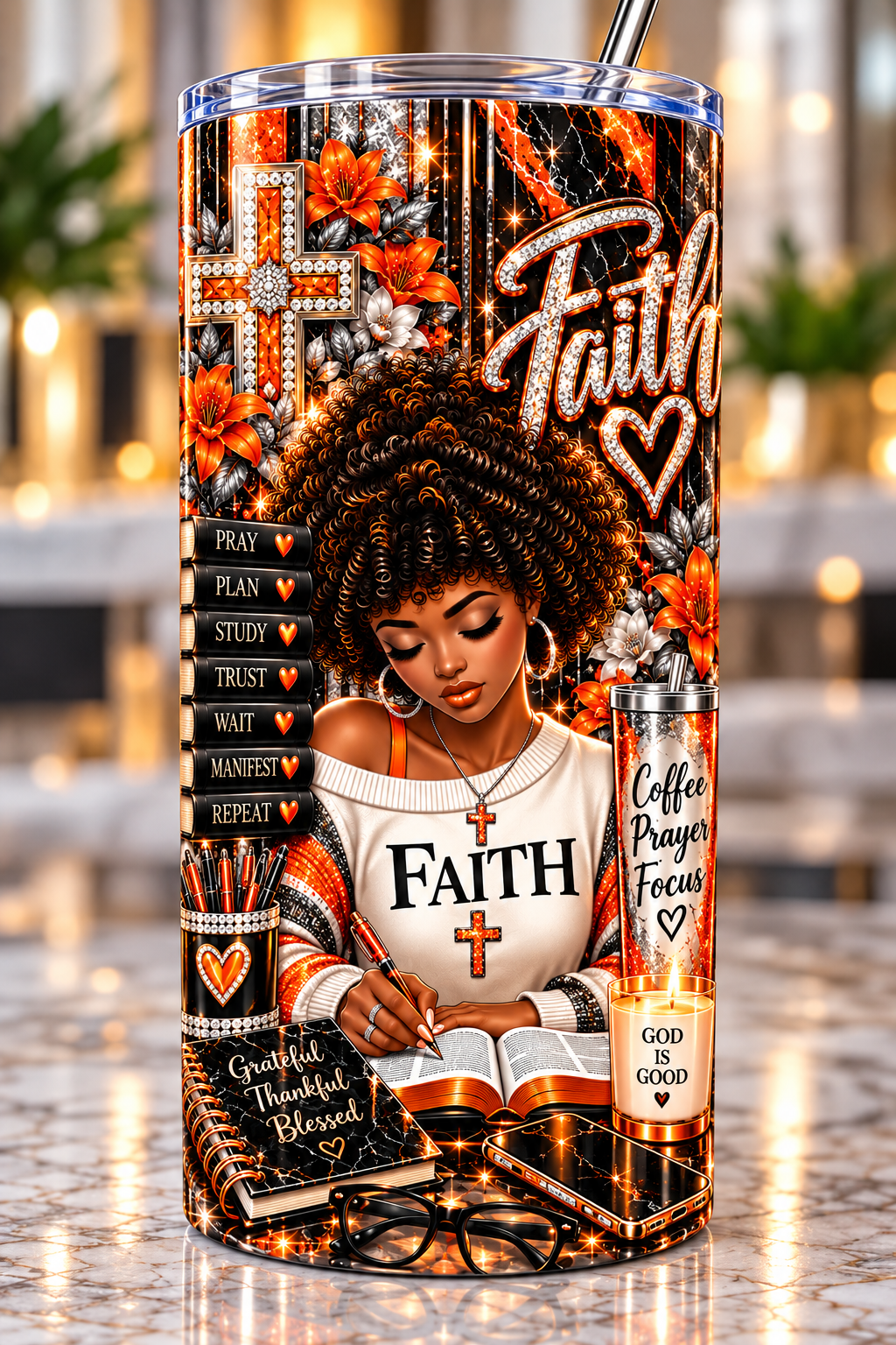 Faith Orange Marble Afro 20 oz tumbler