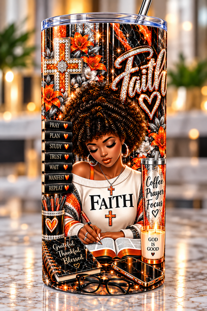 Faith Orange Marble Afro 20 oz tumbler