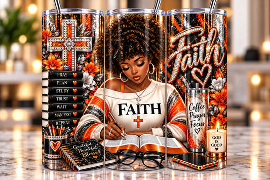 Faith Orange Marble Afro 20 oz tumbler — full wrap view