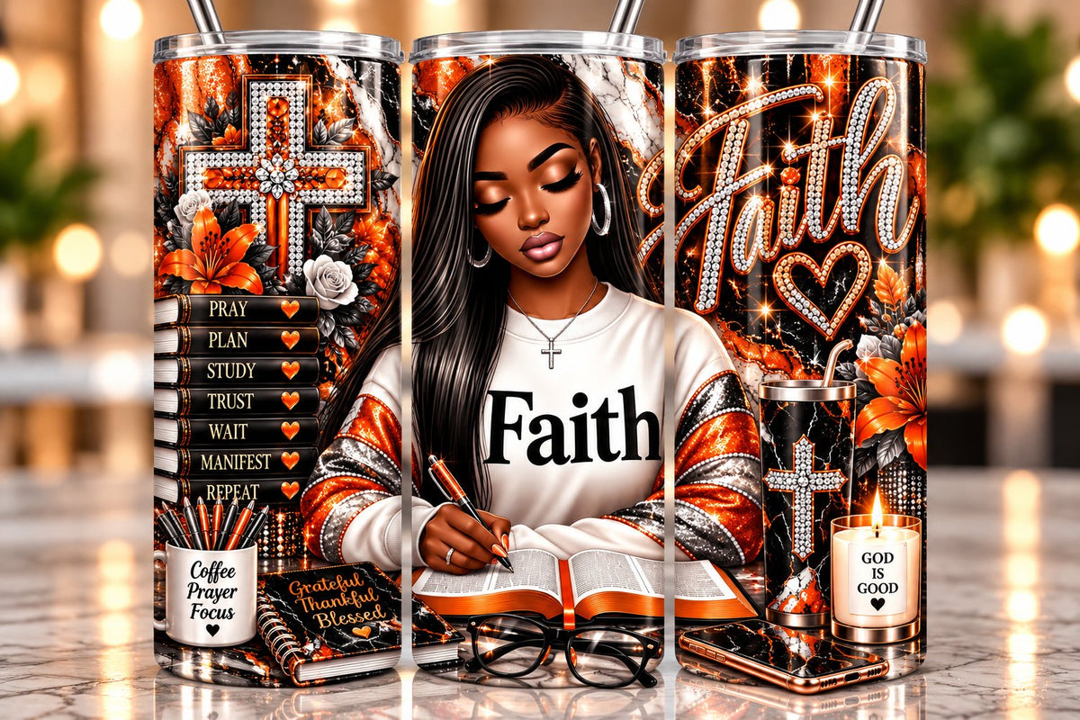 Faith Orange Marble Straight 20 oz tumbler — full wrap view