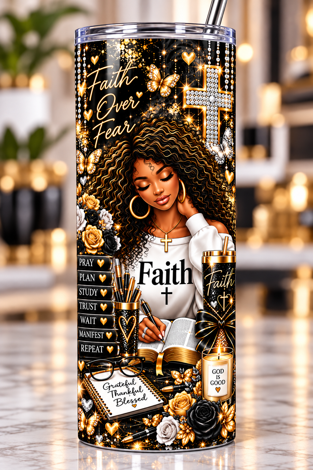 Faith Over Fear Black & Gold 20 oz tumbler