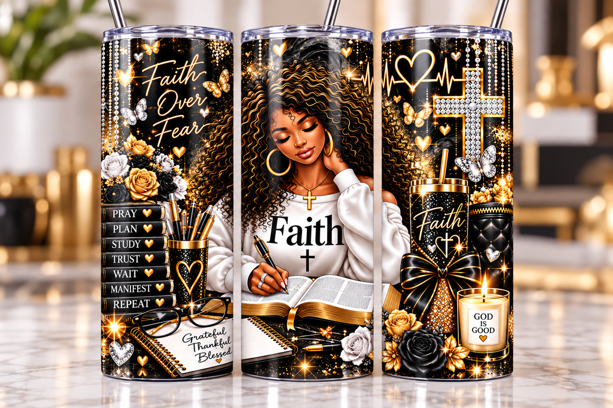 Faith Over Fear Black & Gold 20 oz tumbler — full wrap view