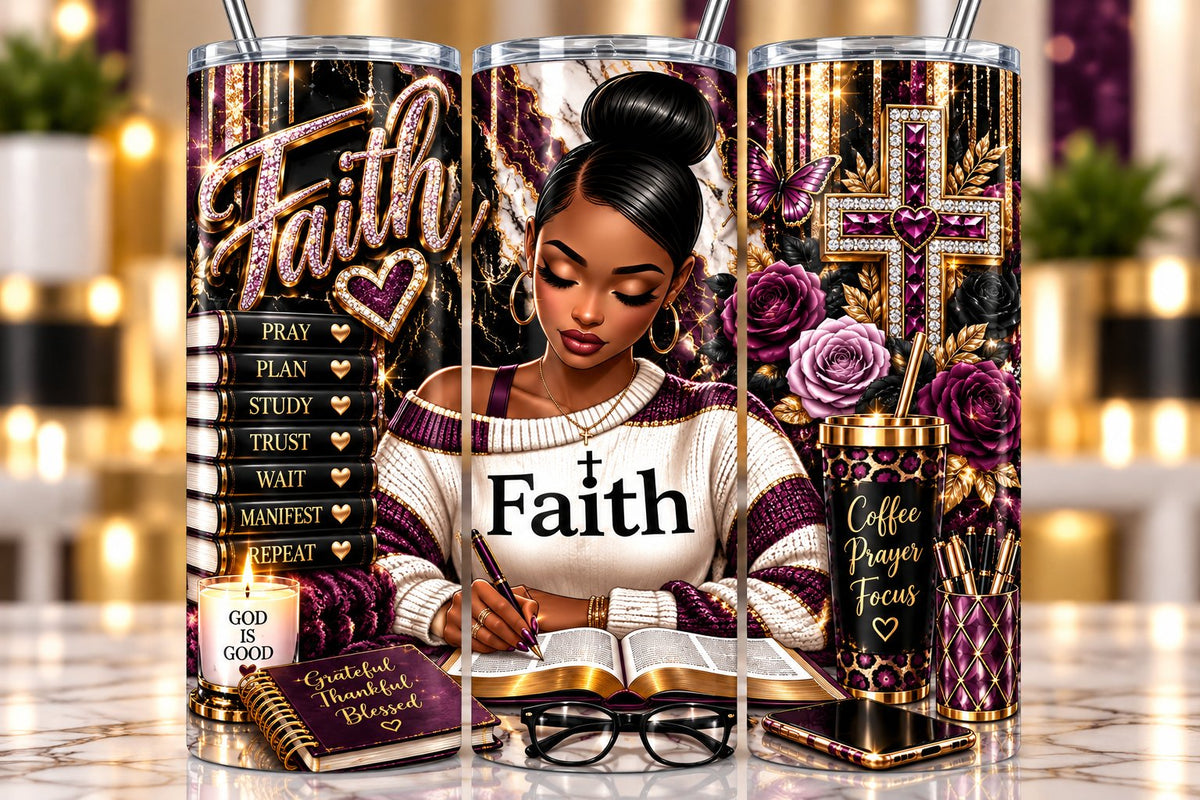 Faith Plum & Gold 20 oz tumbler — full wrap view