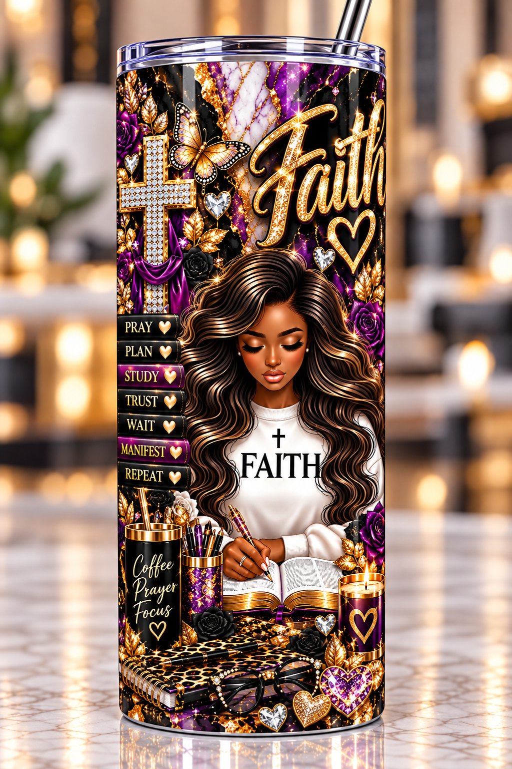 Faith Purple & Gold 20 oz tumbler